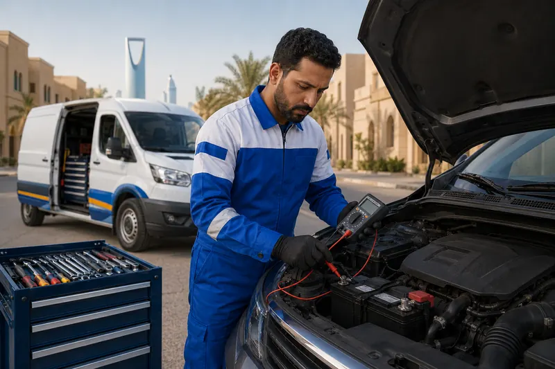 فني كهرباء يفحص بطارية السيارة بجهاز قياس متعدد