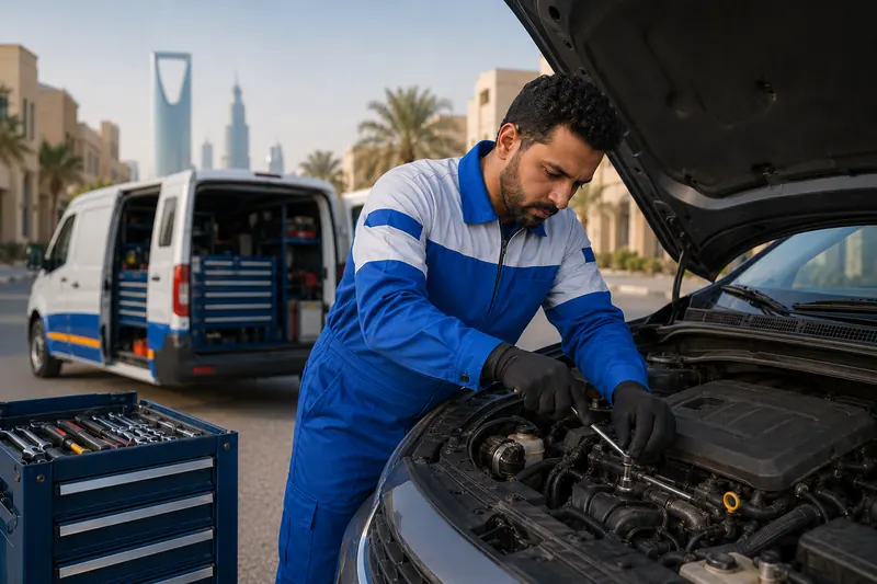 ميكانيكي سيارات متنقل يصلح محرك سيارة أمام منزل العميل