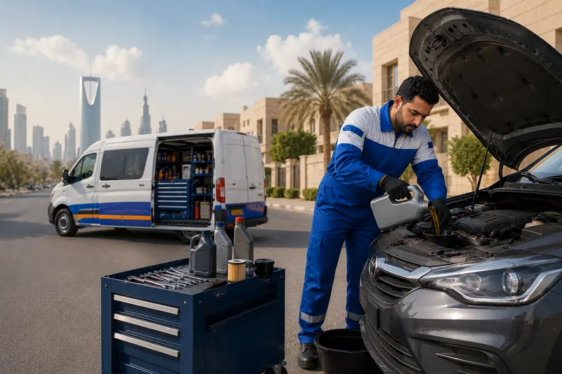 فني يغير زيت محرك السيارة في موقع العميل بالرياض